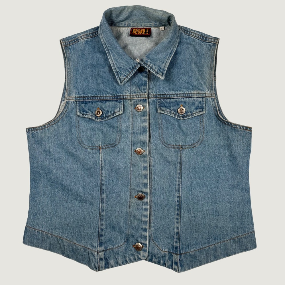 Vintage Faded Glory Blue Denim Vest Womens Large Button Front Cotton Medium Wash